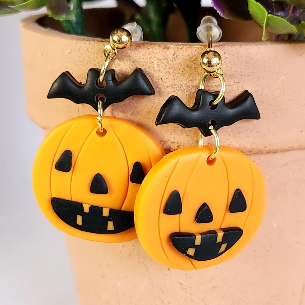 Handmade Halloween Pumpkin Jack O Lantern Bat Polymer Clay Dangle Earrings 1.75"